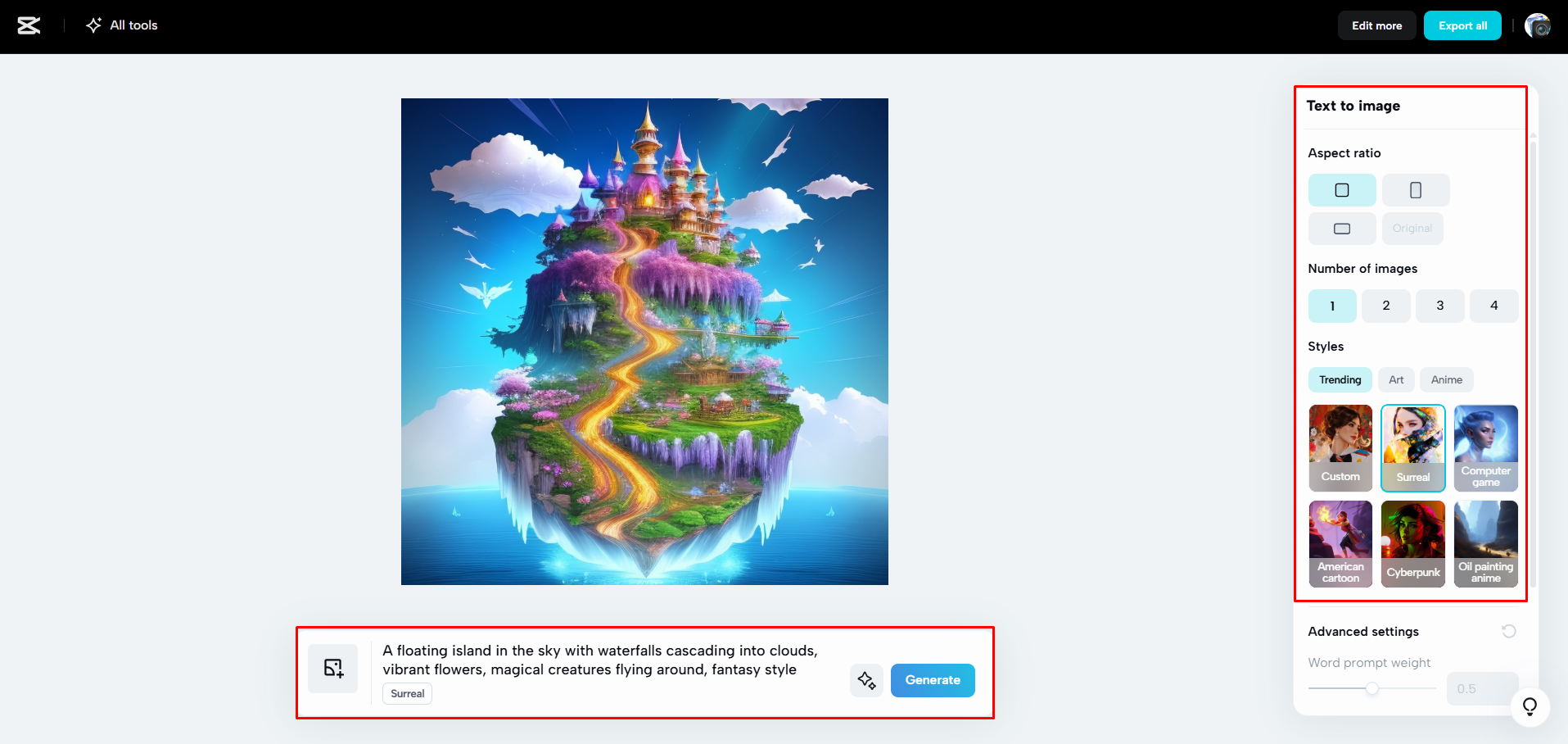 إنشاء صورة باستخدام الذكاء الاصطناعي في CapCut Web