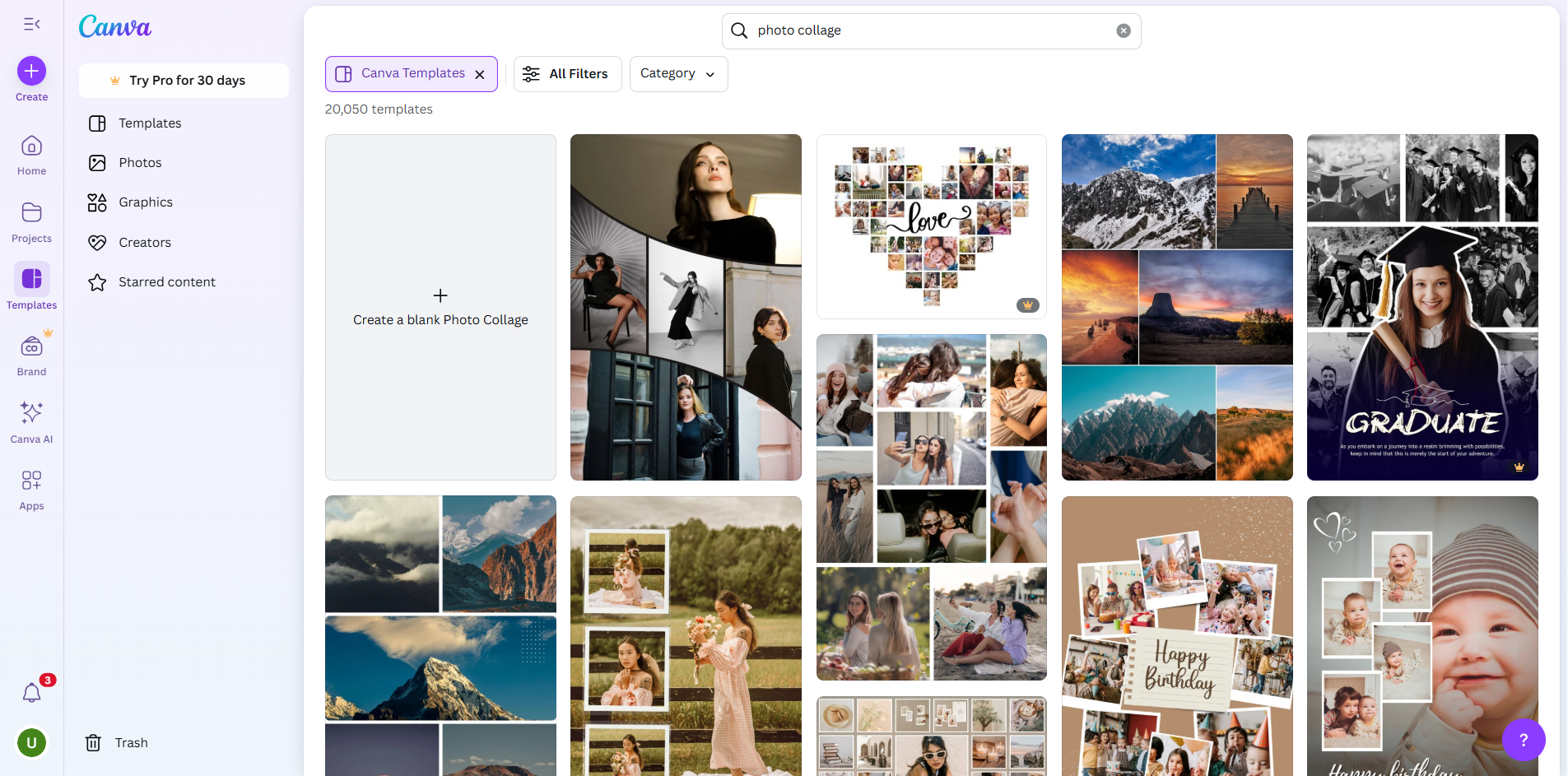 Ricerca di modelli di collage fotografici su Canva
