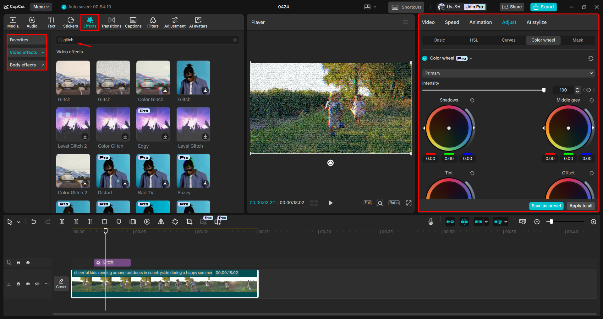 Applicazione di un effetto glitch ai video nell' CapCut editor video desktop
