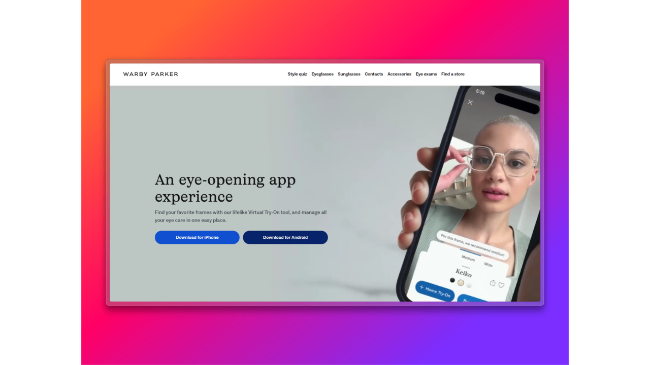 Warby Parker's virtual fitting room app for glasses