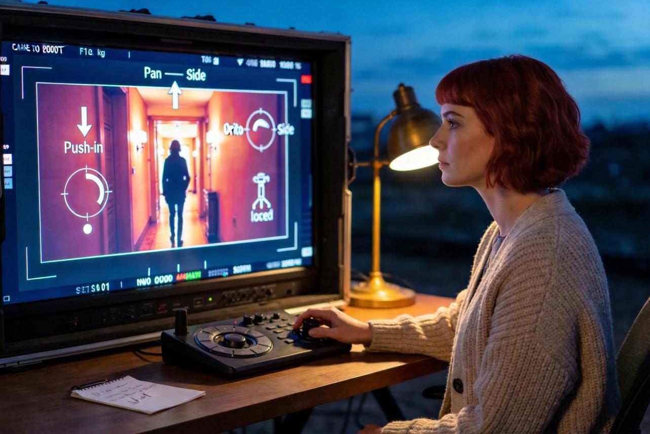 Woman edits camera movement on a monitor showing pan, push-in, and side controls