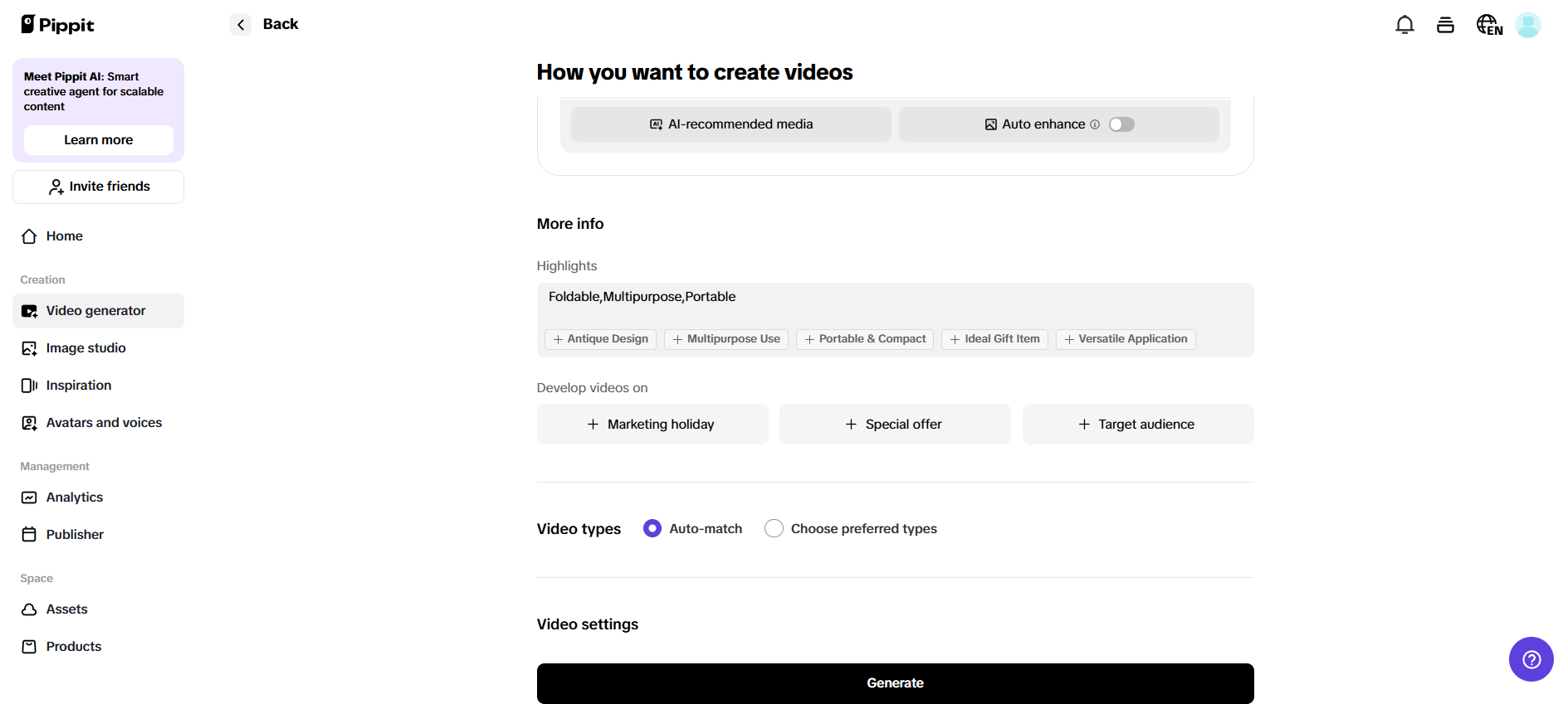 Confirm settings and generate