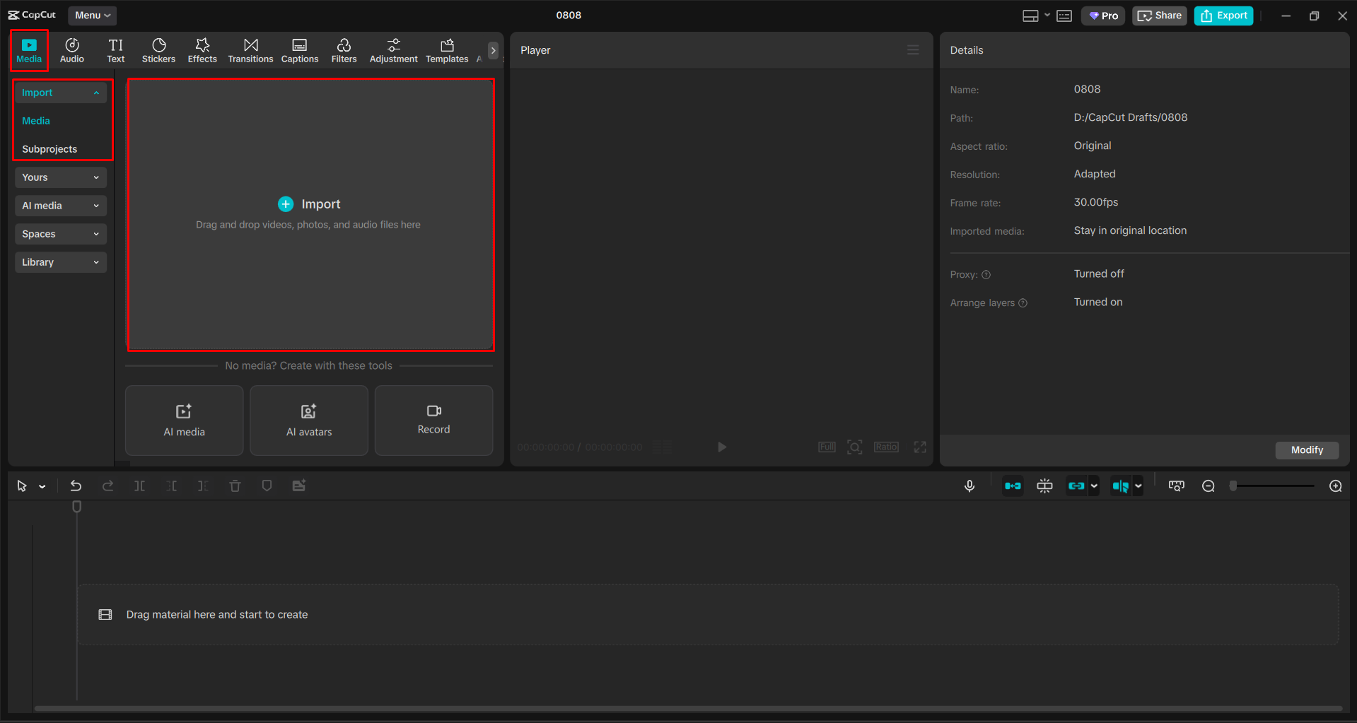 Importazione di un video nell' CapCut editor video desktop