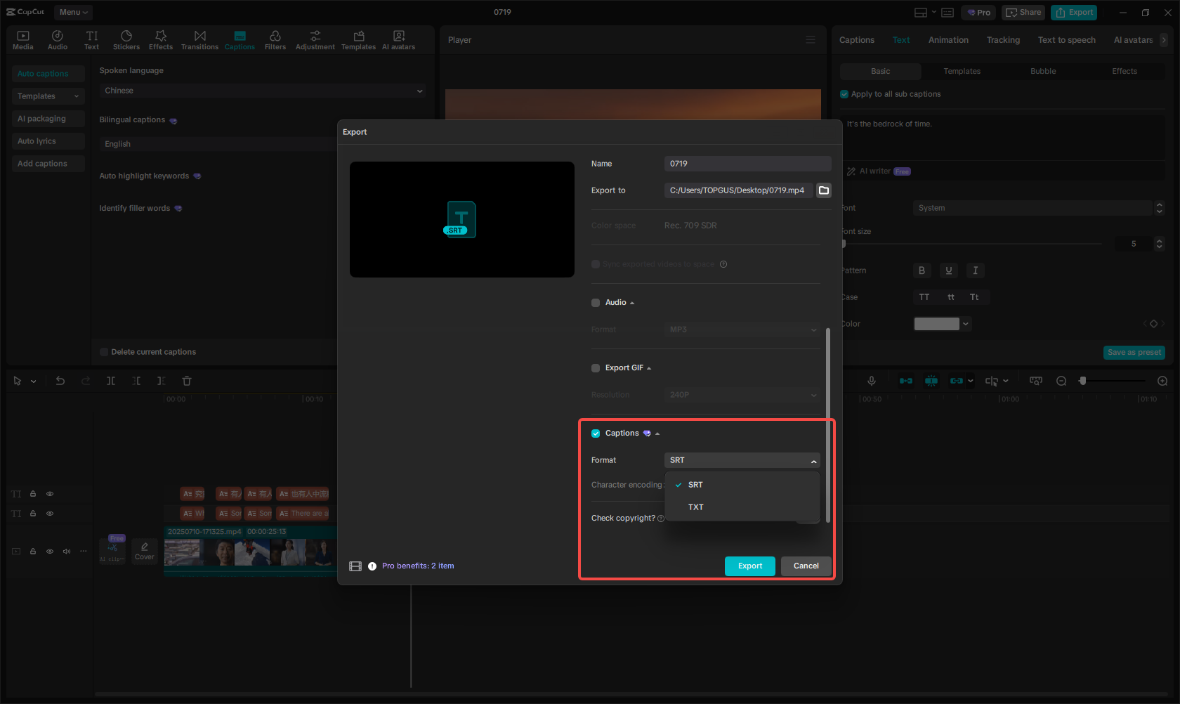 Exporting in text format in CapCut