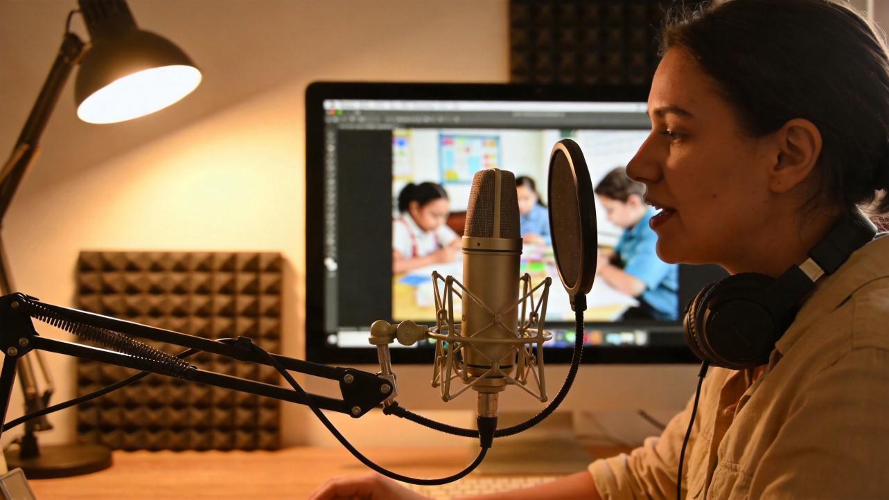 Woman recording voiceover at a desk microphone with a slideshow on her computer screen