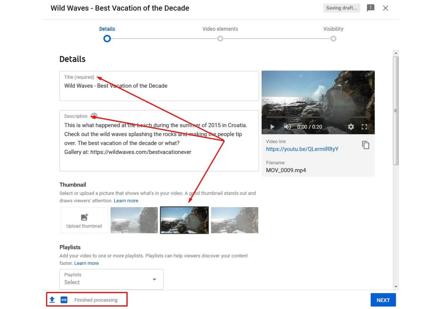 Uploading finished vlog to YouTube with catchy thumbnail