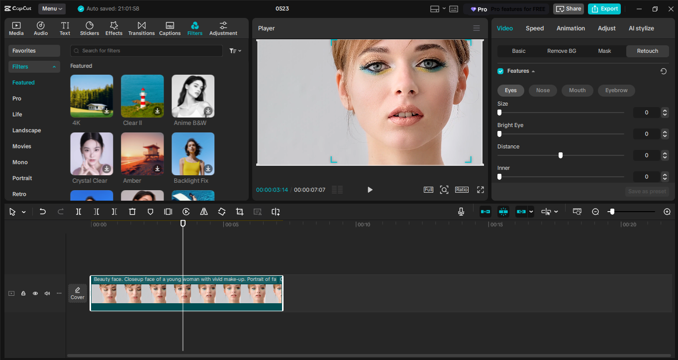 Bearbeitungsoberfläche des CapCut Desktop-Video-Editors - ein perfekter Foto-Editor mit Augenfarbwechsler