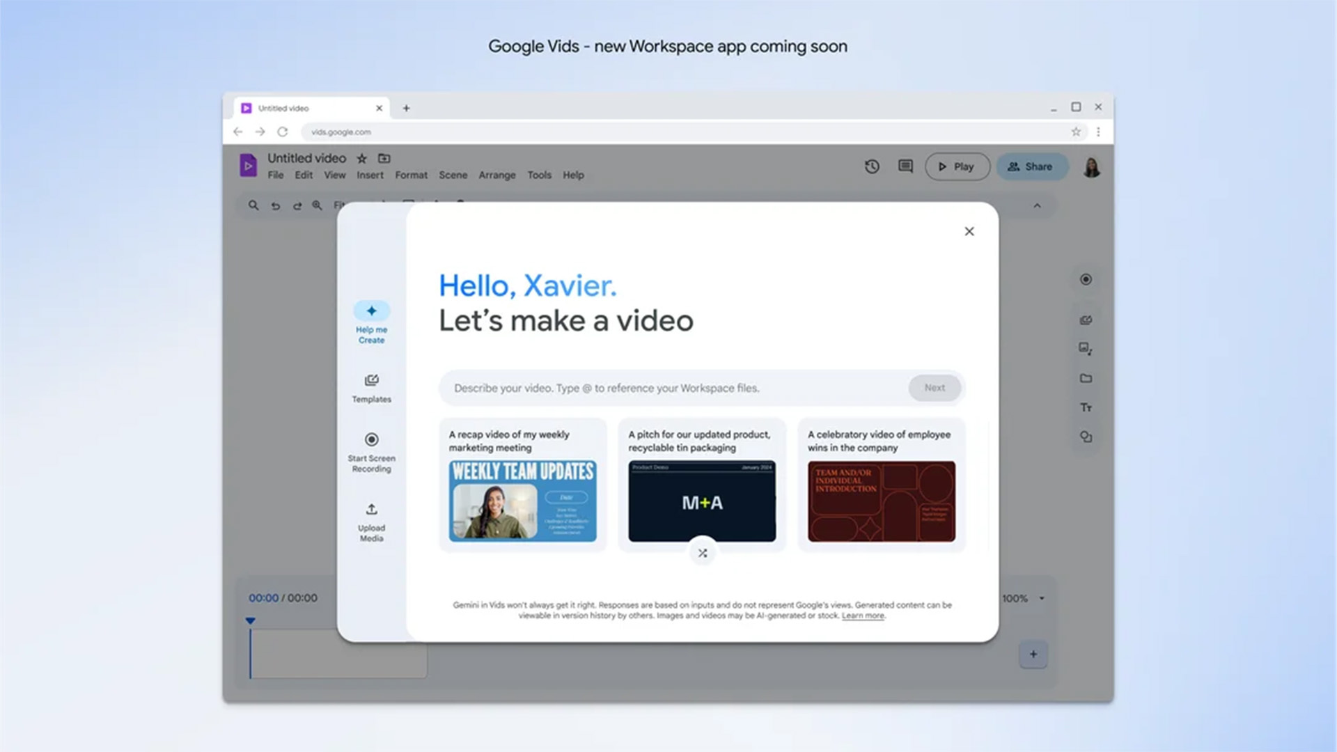 Interface do Google Vids - a maneira perfeita de fazer IA vídeos com o Google