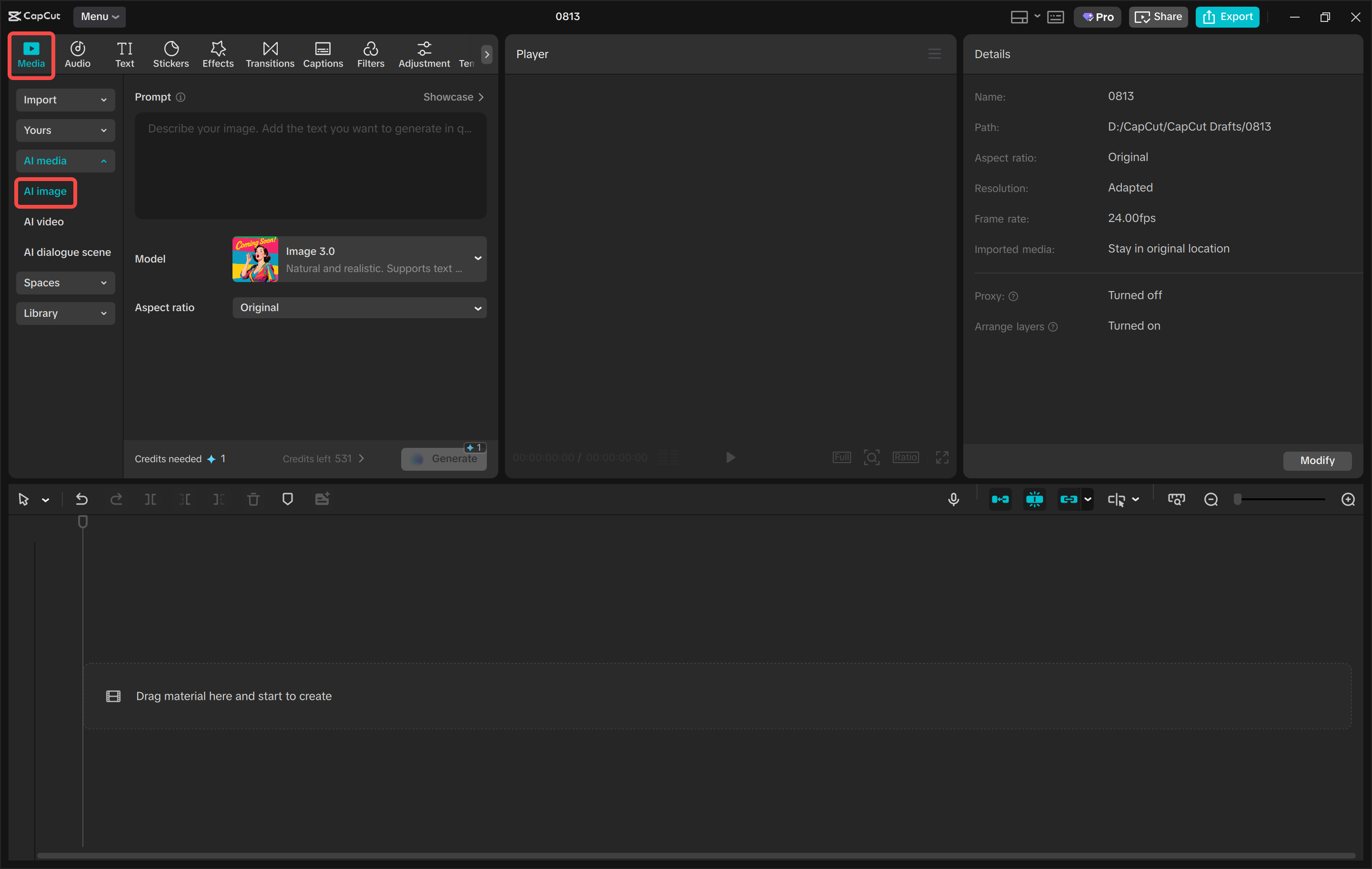 Accessing an image generator in the CapCut desktop video editor