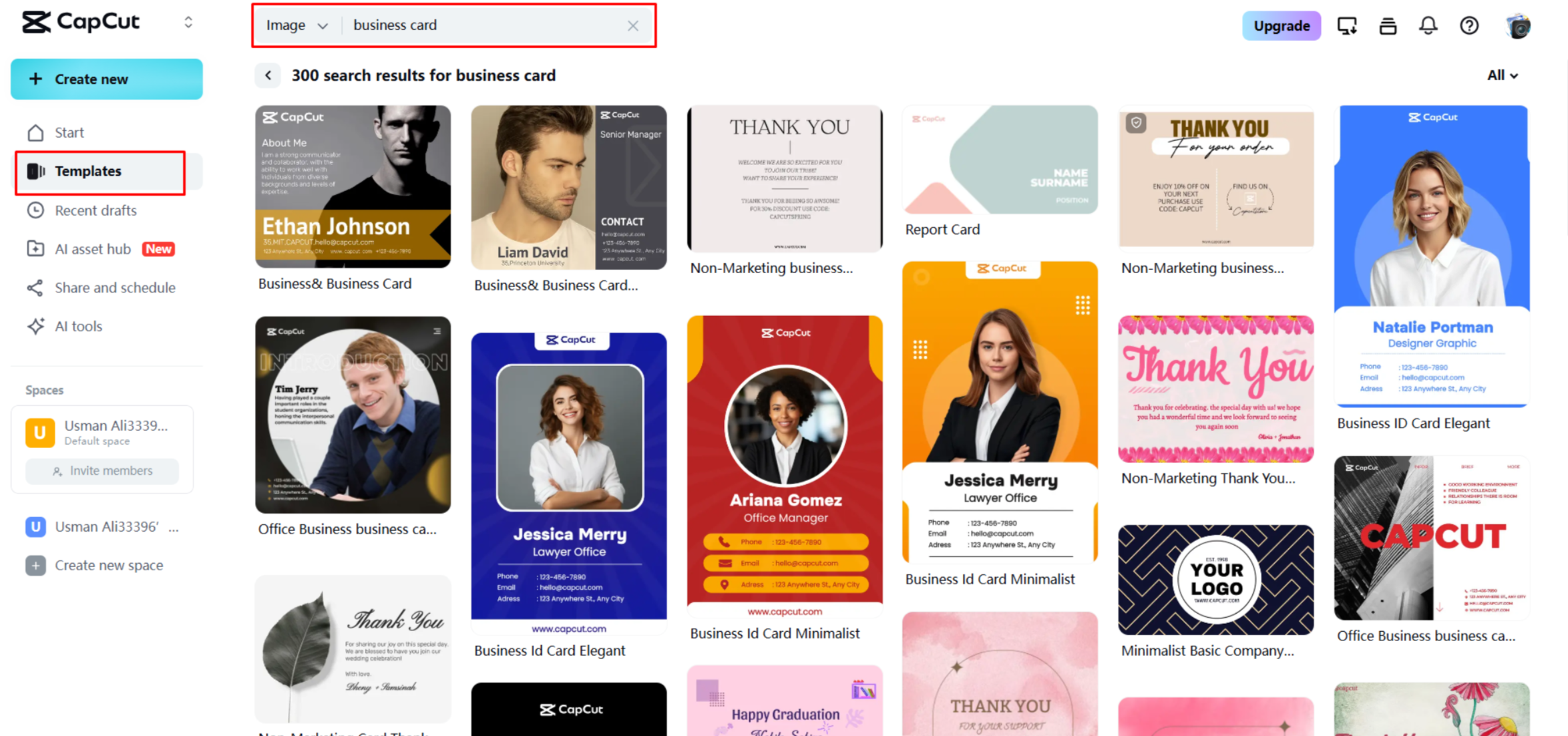 Wybór szablonu wizytówki w CapCut Web