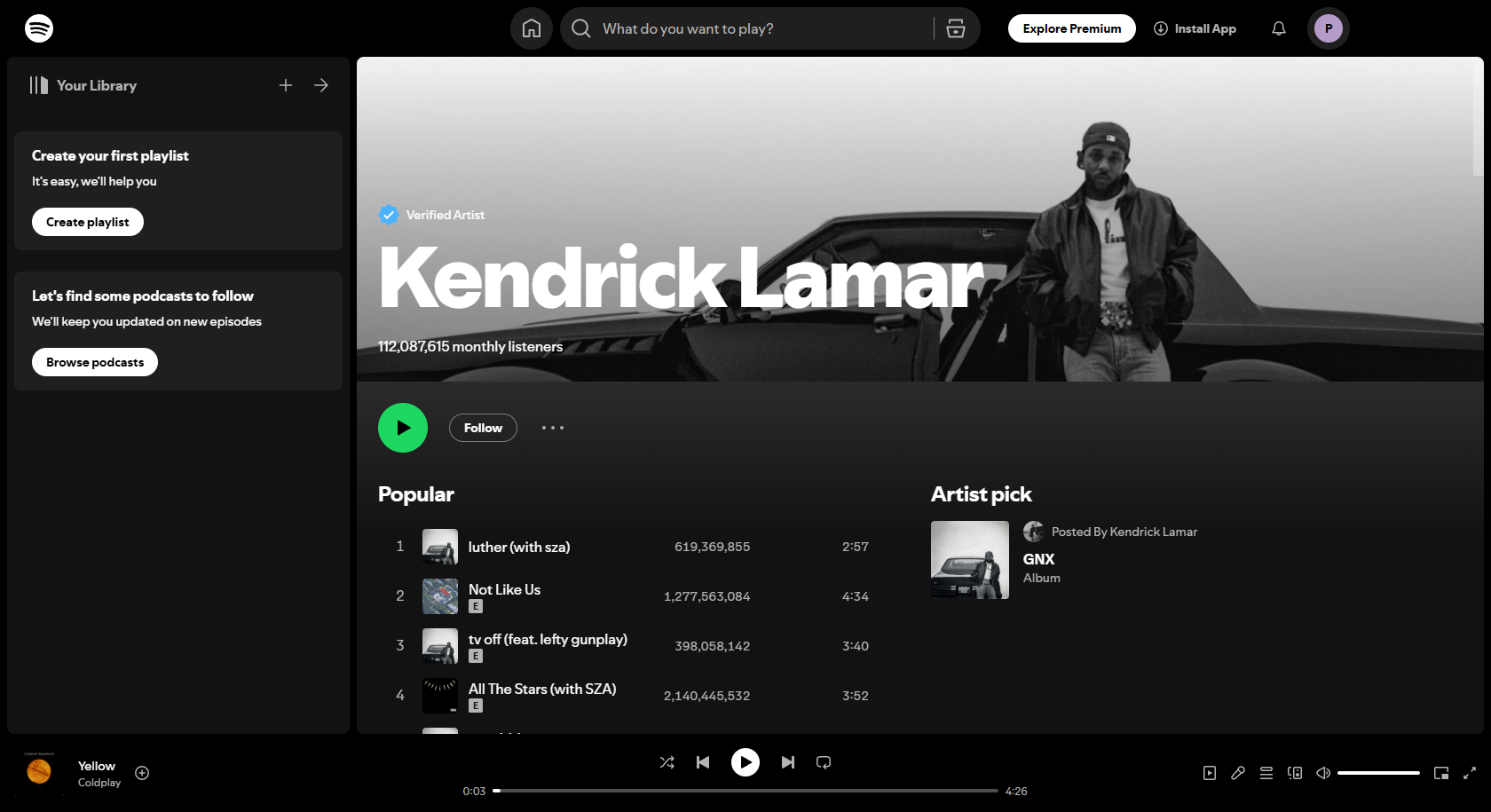 L'interface Spotify de Kendrick Lamar