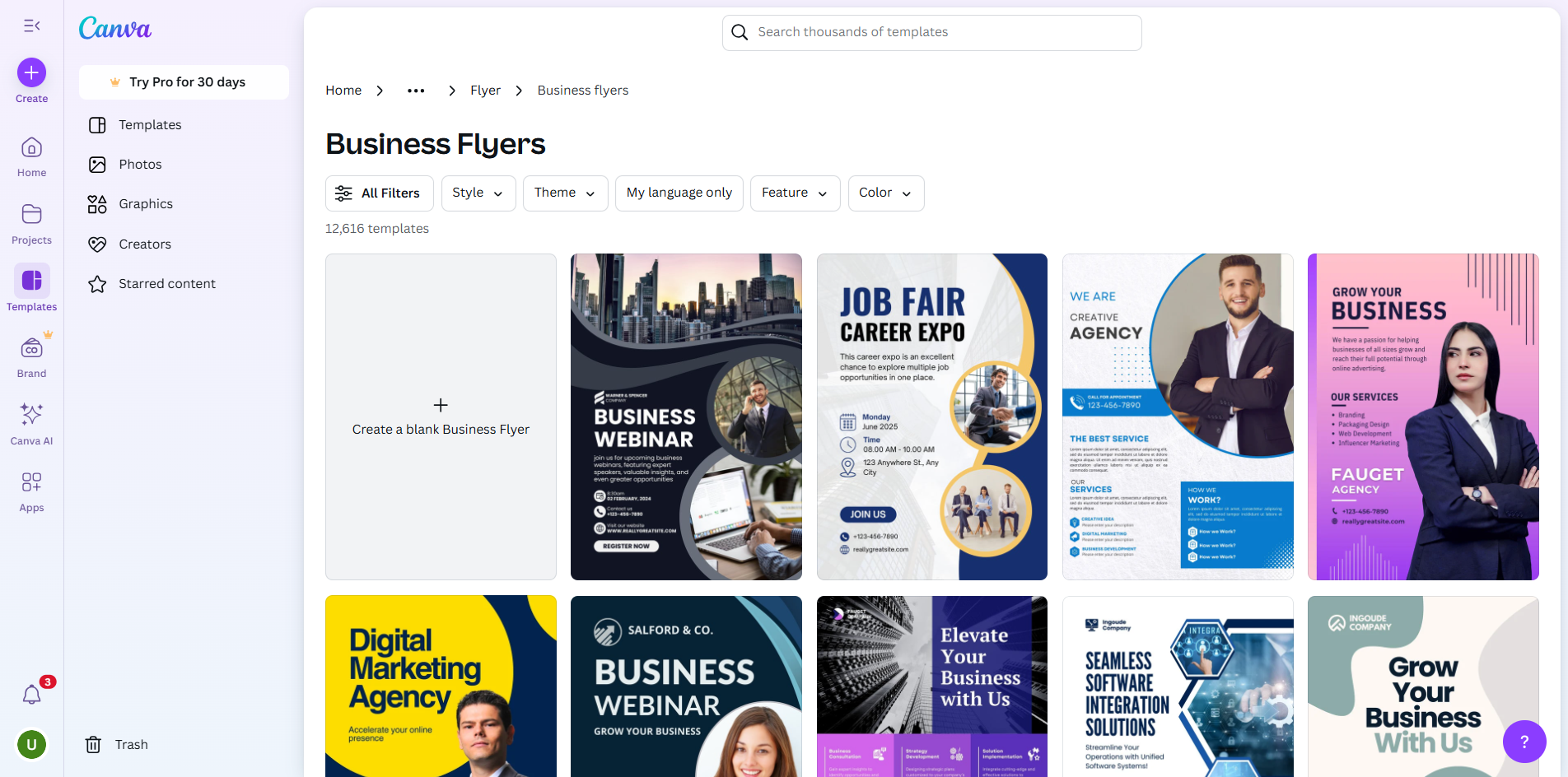 Interface of Canva - a good resource to find company flyer examples
