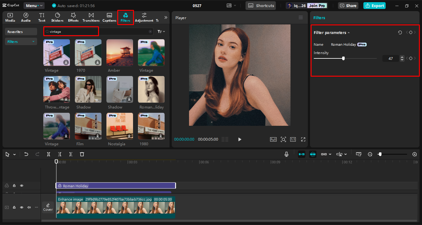 Application d'un filtre vintage sur l'image dans l' CapCut éditeur vidéo de bureau