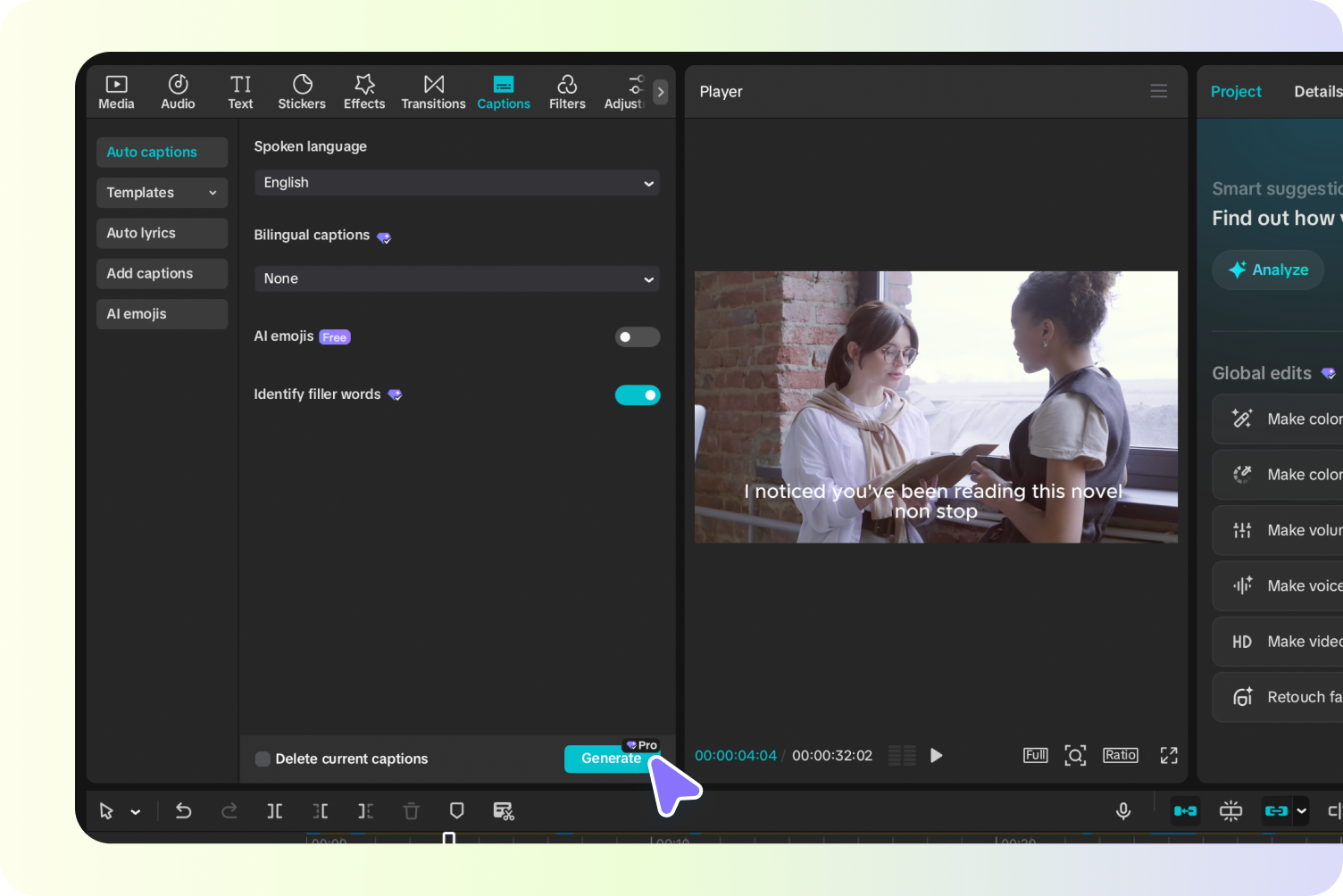 CapCut editor with a person preview and Auto captions settings, including Identify filler words and Generate.