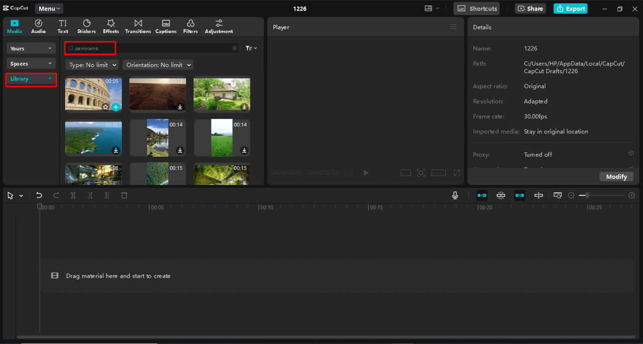 Sử dụng được xây dựng trong video toàn cảnh trong CapCut desktop video editor