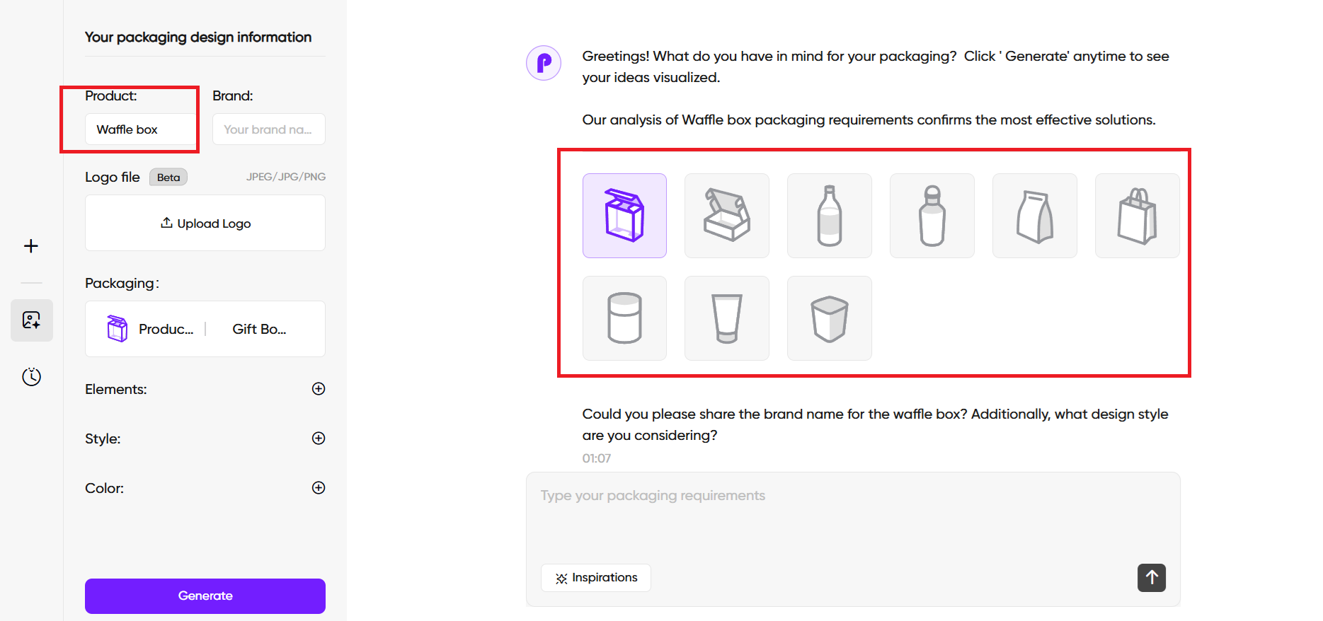 Type in the product and choose the packaging style