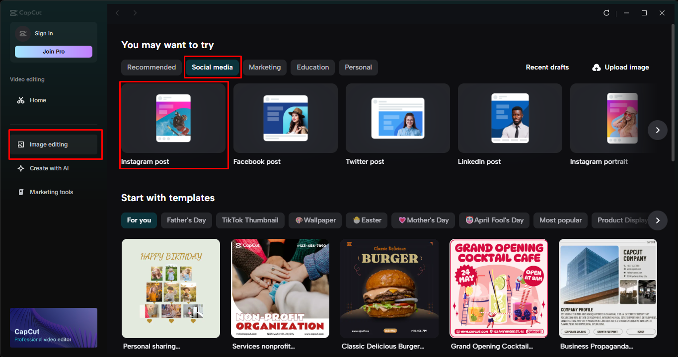 Pagpili ng template ng post sa Instagram sa CapCut desktop video editor