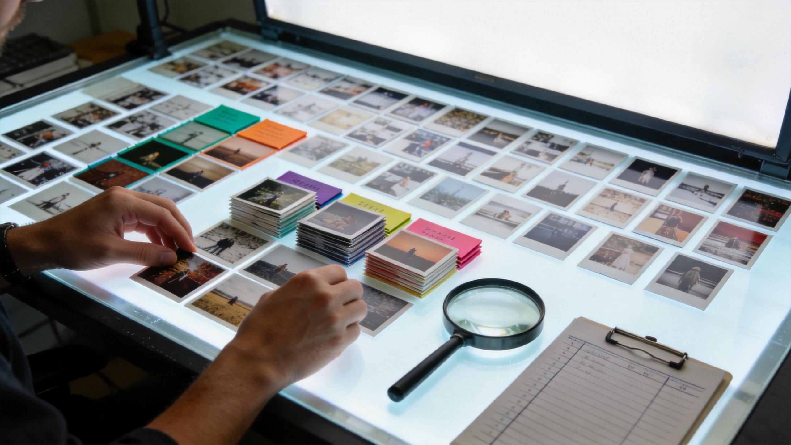 Hands sorting printed photos into labeled stacks on a light table