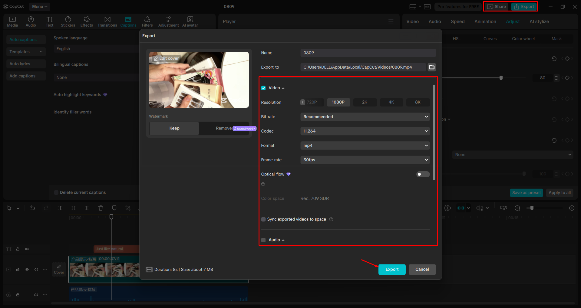 Exporting a video from the CapCut desktop video editor