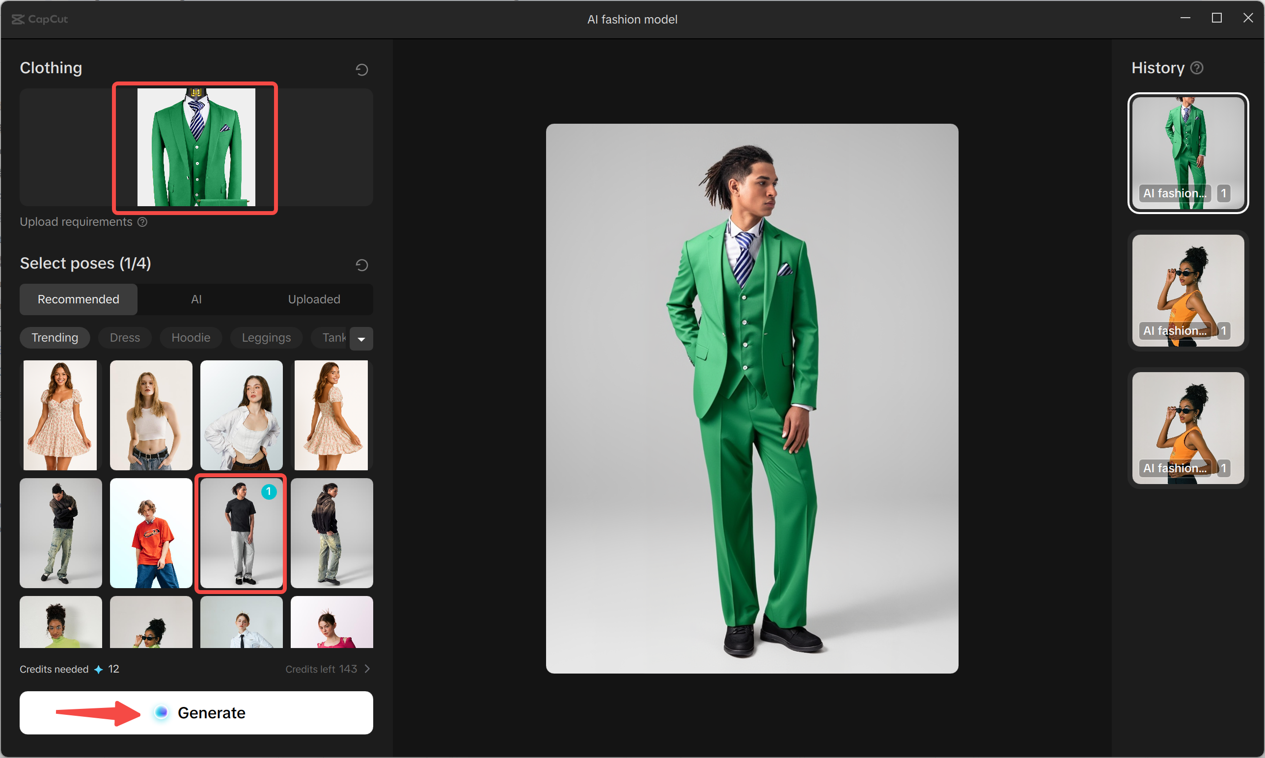 Choosing clothes and poses for the model in the CapCut desktop video editor