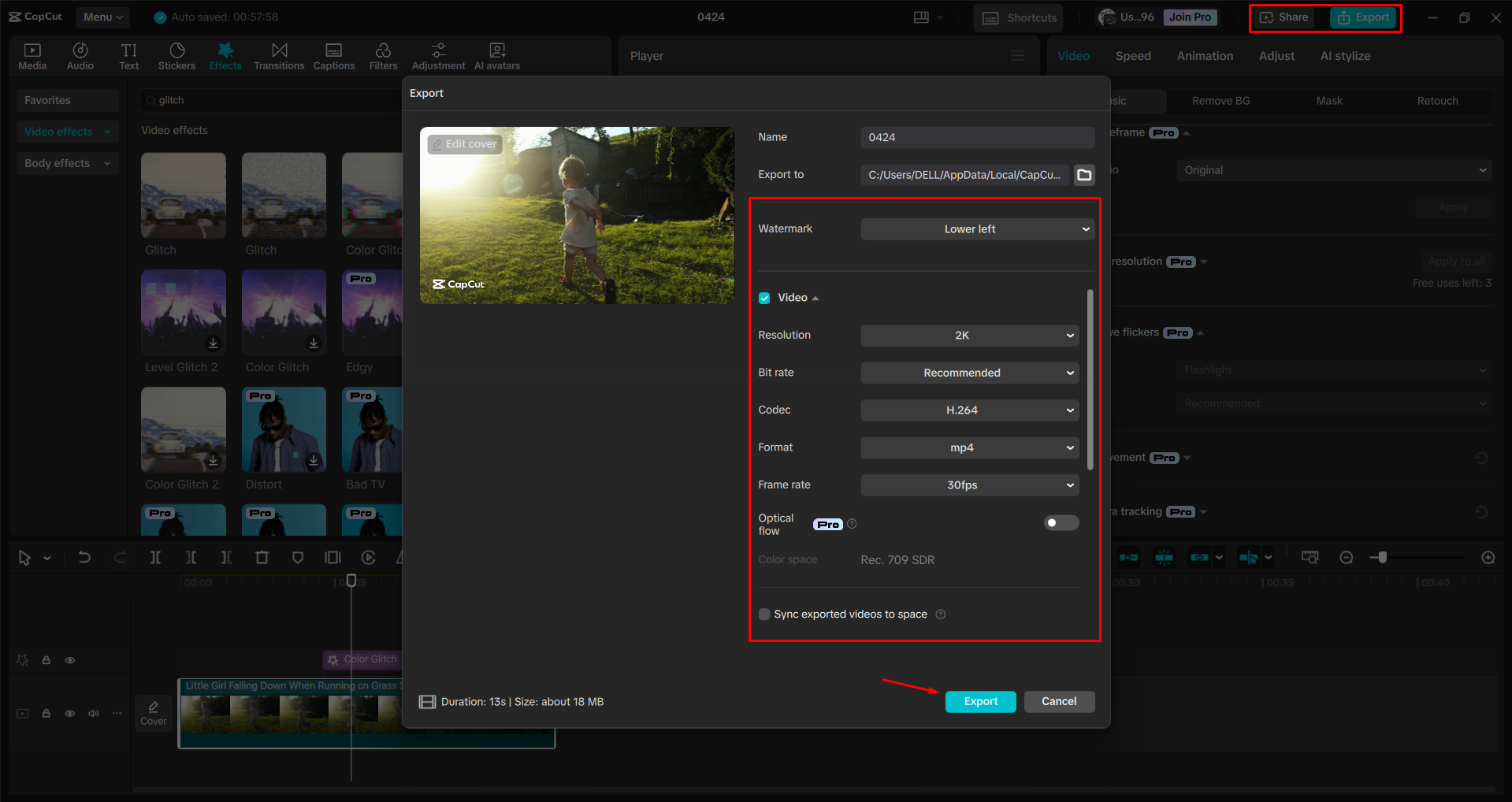 Esportazione di un video dall' CapCut editor video desktop