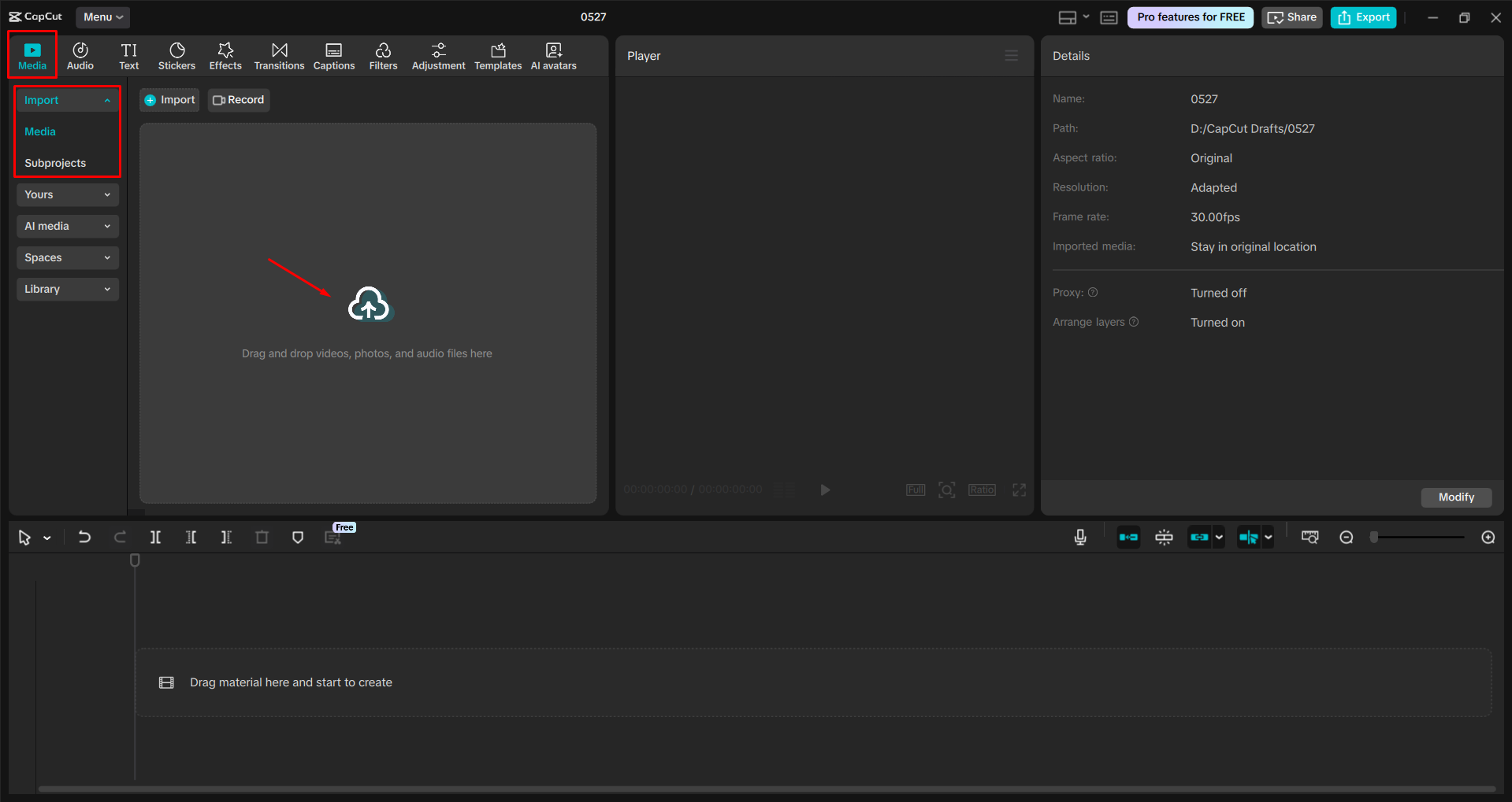 Importing a video into the CapCut desktop video editor