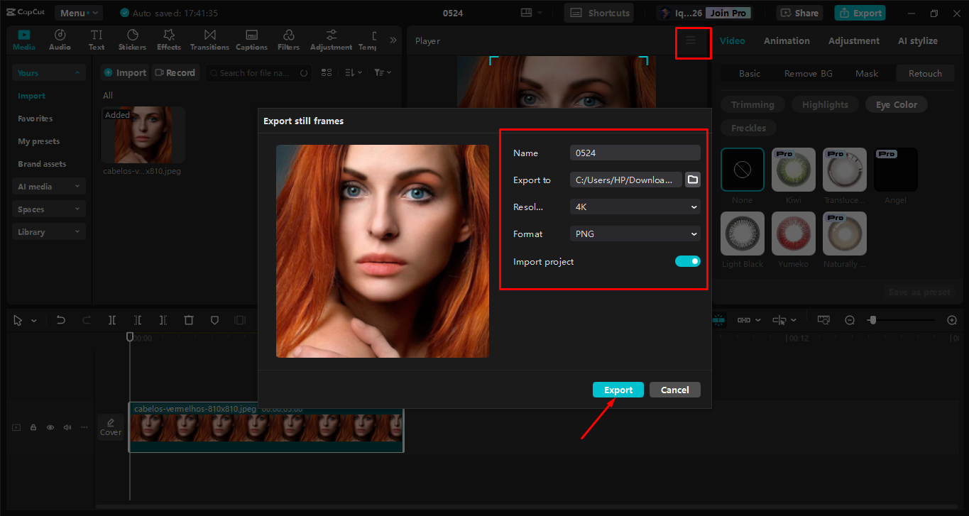 Exportar a imagem do editor de vídeo para desktop CapCut