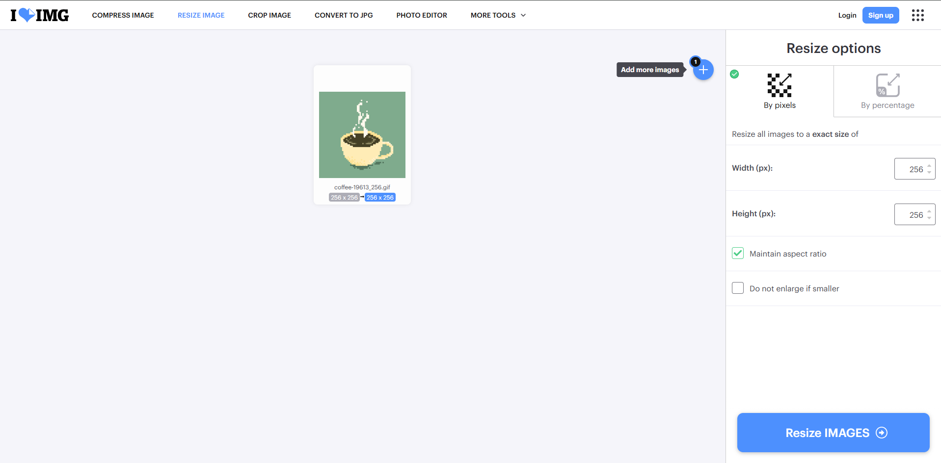 Interface van iLoveIMG - een andere gratis tool om de MB-grootte van GIF's te wijzigen.