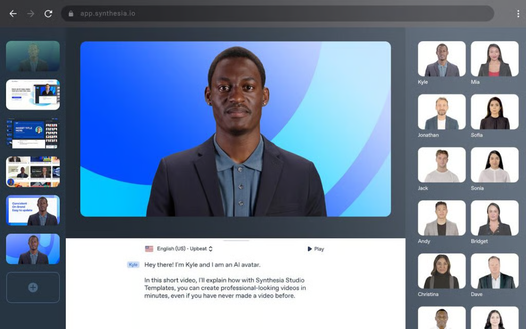 Interfaz de Synthesia: un generador de presentadores de noticias con inteligencia artificial fácil de usar.