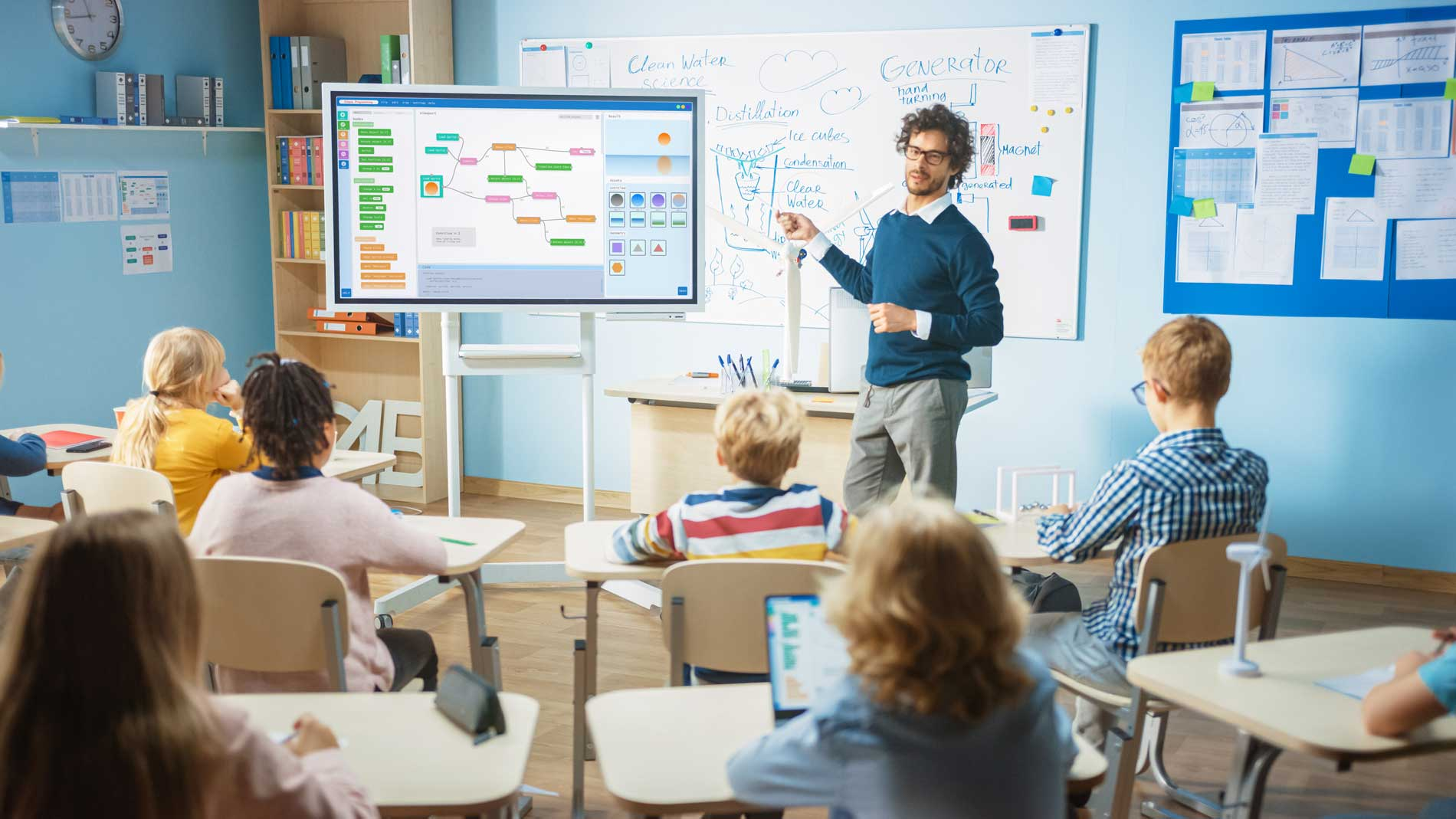 Educational vlogger teaching with charts and visuals