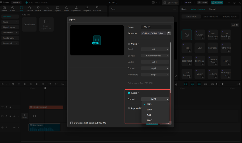 Exporting the voice file in CapCut