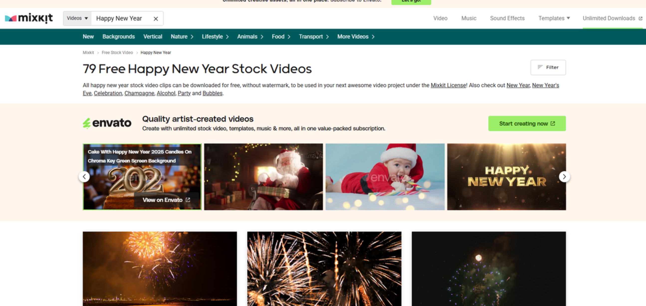 Interface of Mixkit - another resource to download Happy New Year video clips