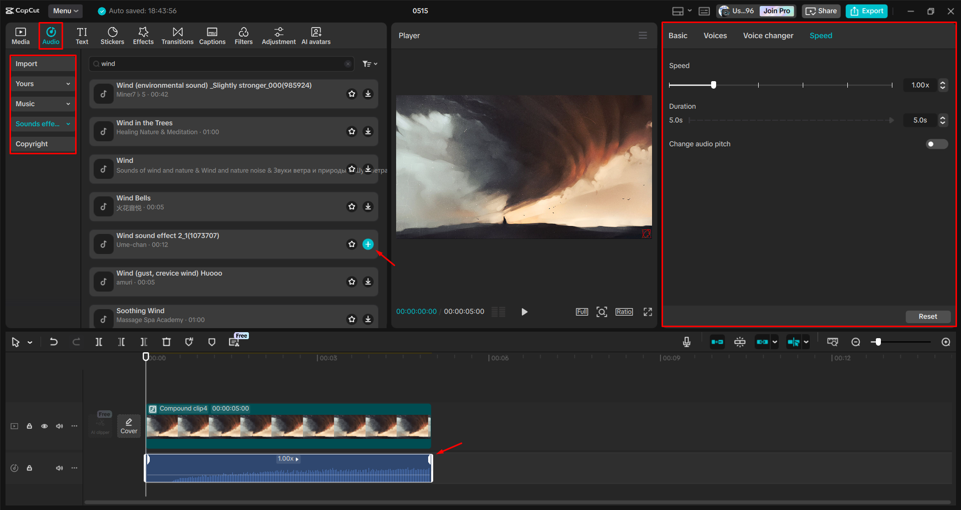 Agregar un efecto de sonido de viento a un video en el CapCut editor de video de escritorio
