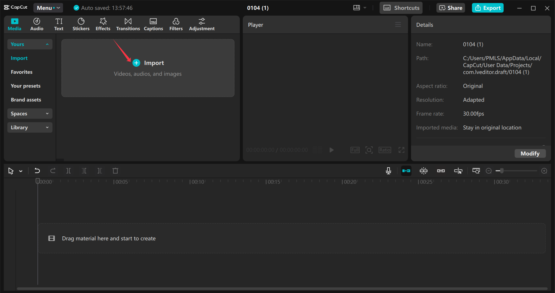 Caricamento di contenuti multimediali nell' CapCut editor video desktop