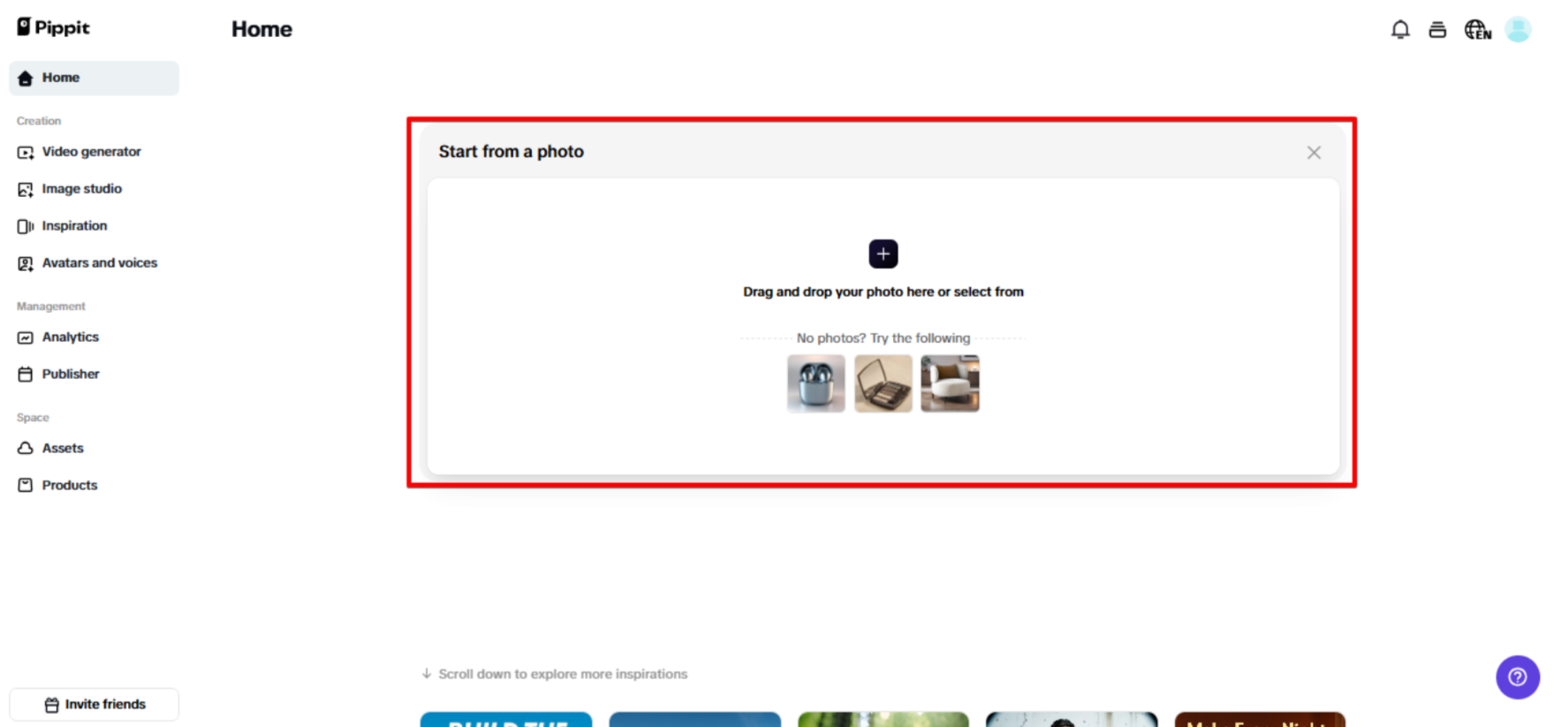 Uploading image to Pippit