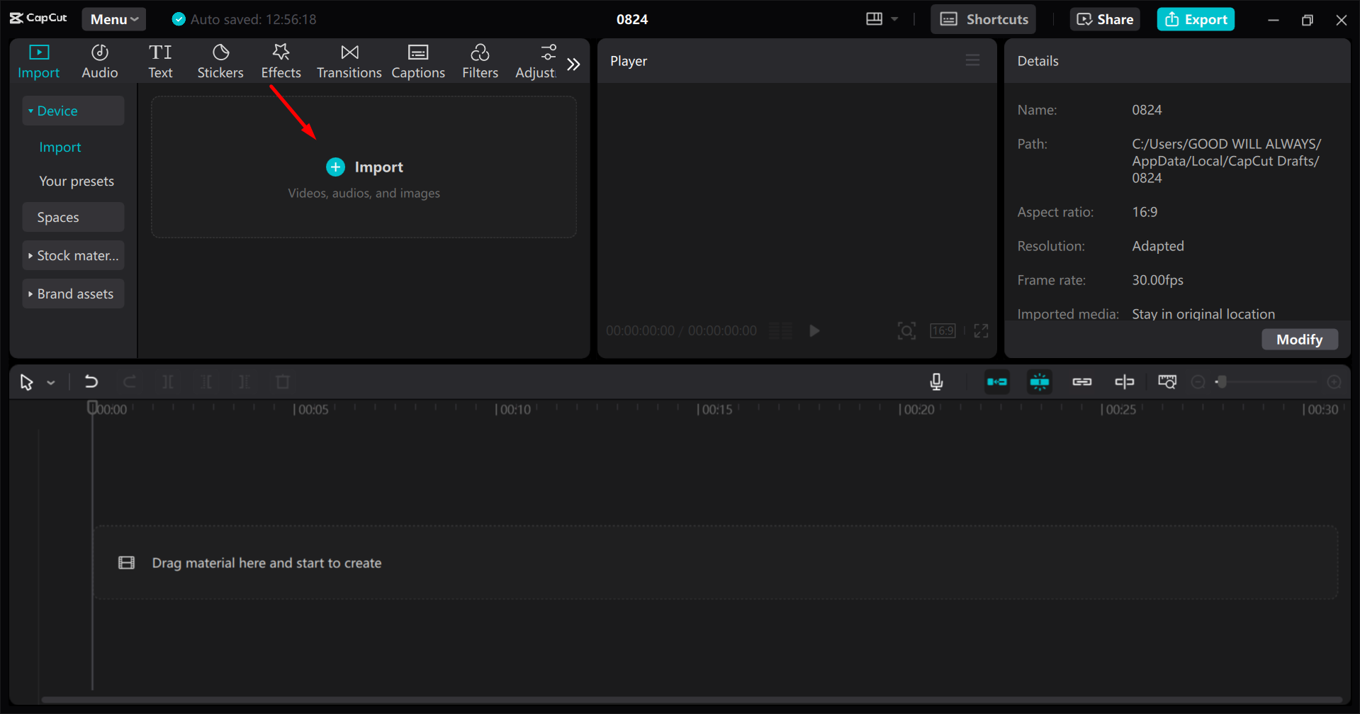 Importieren eines Videos in den CapCut Desktop-Video-Editor