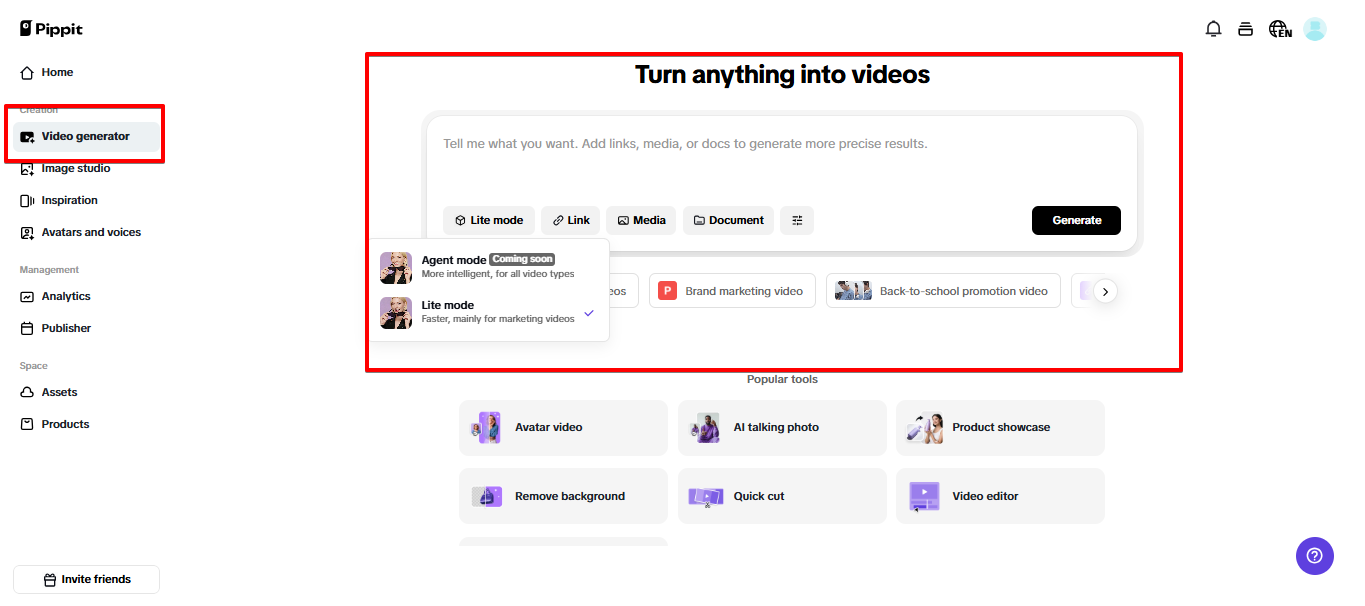 Generating video in Pippit