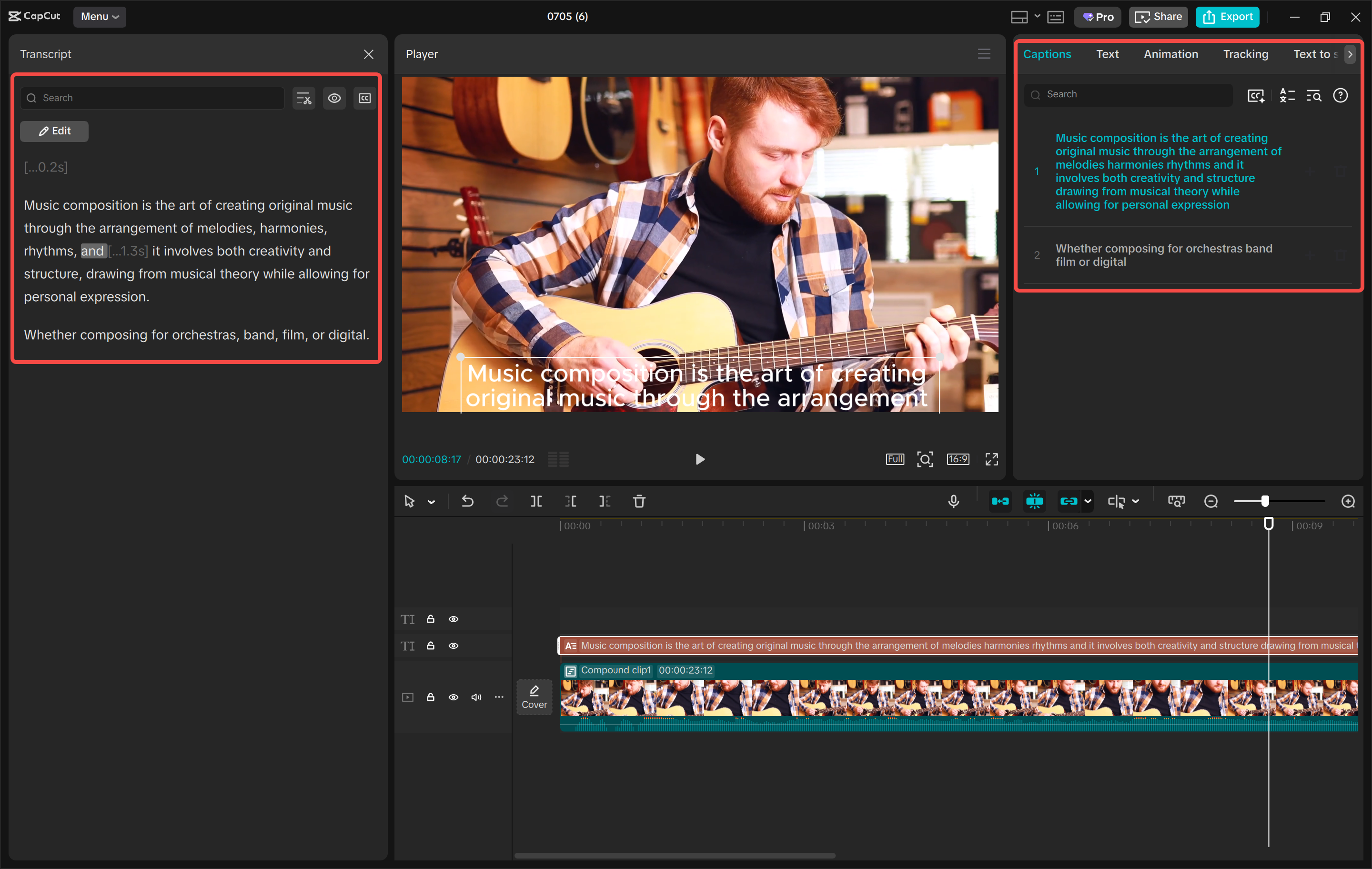 Transcribing the video in the CapCut desktop video editor