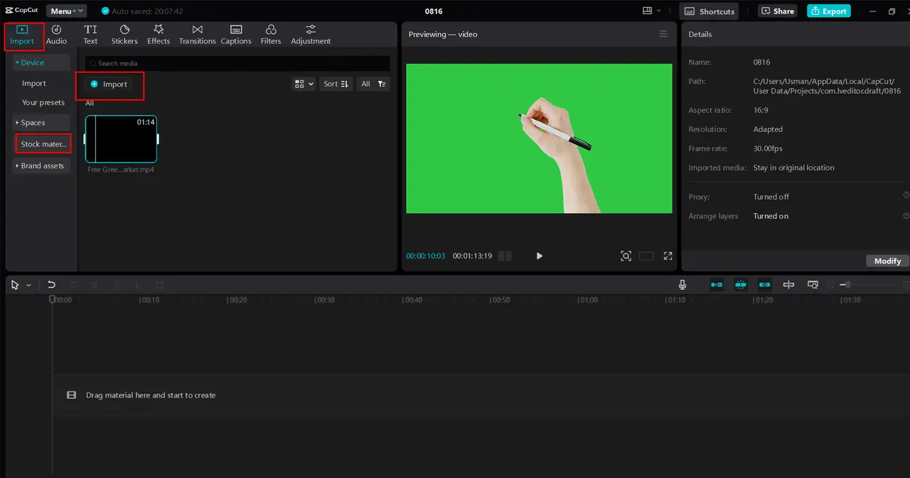 Mengimpor video atau memilih template ke dalam CapCut editor video desktop