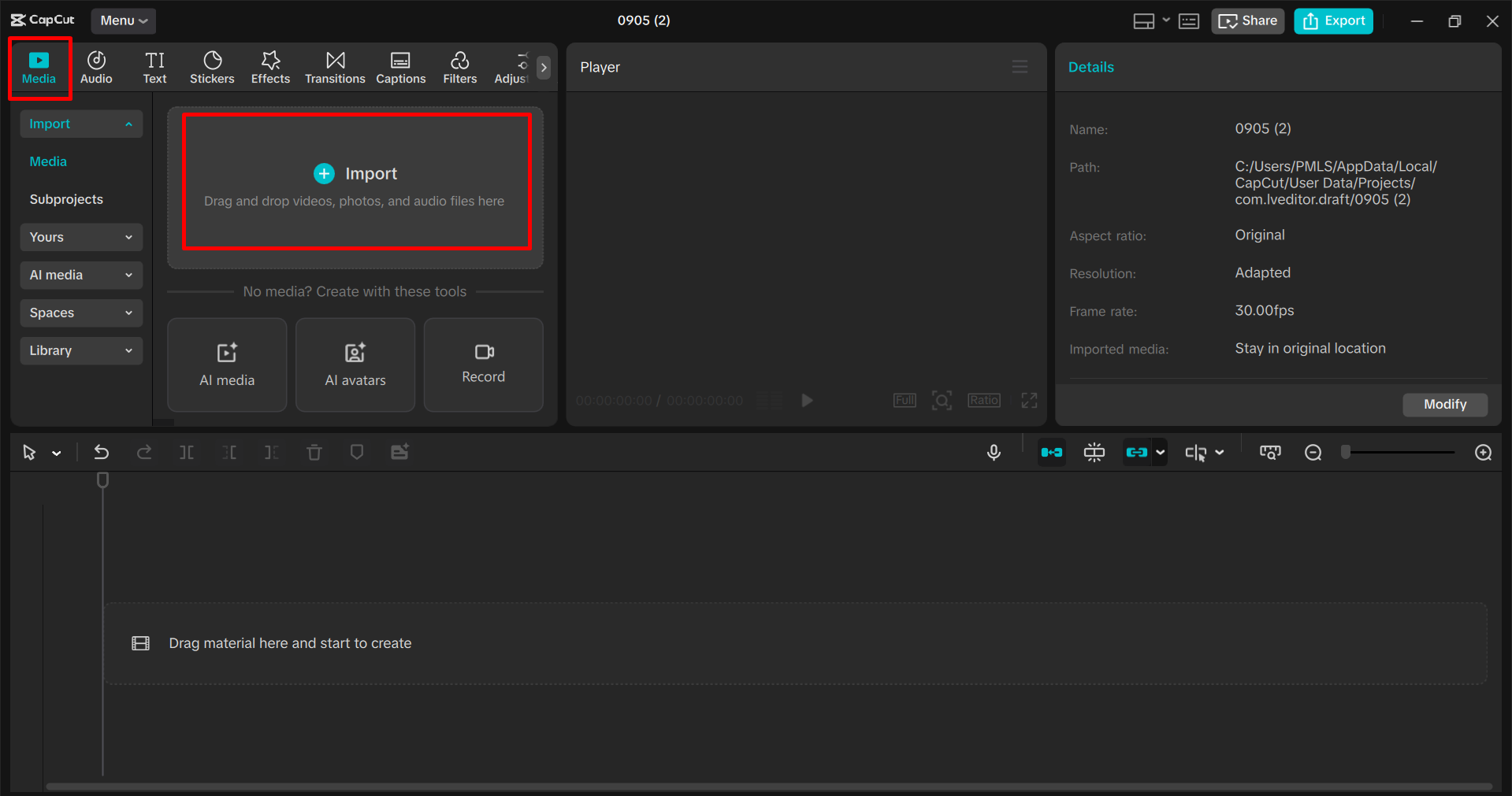 Importing the video into the CapCut desktop video editor