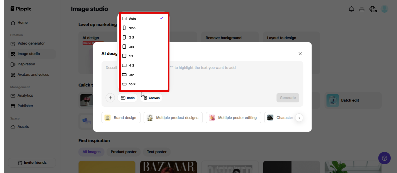 Different aspect ratio support in Pippit