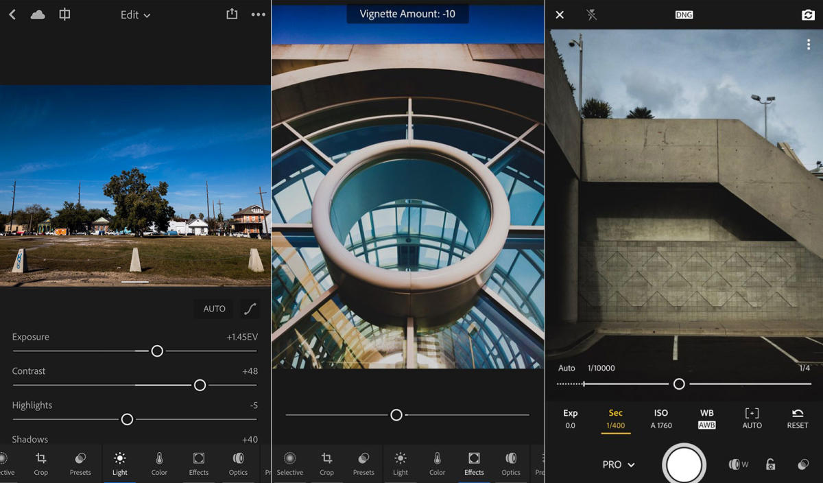 Lightroom 모바일 편집 인터페이스