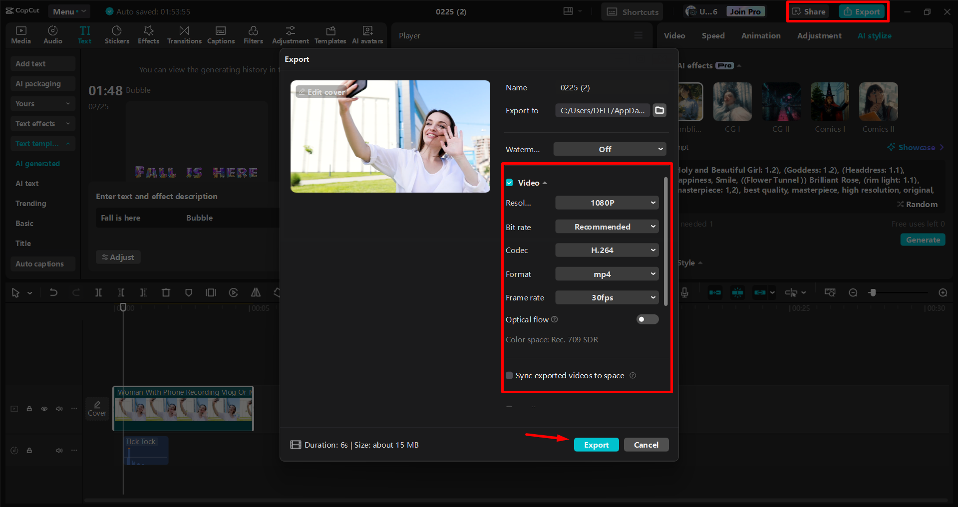 Export videa z editoru videa pro stolní počítače CapCut