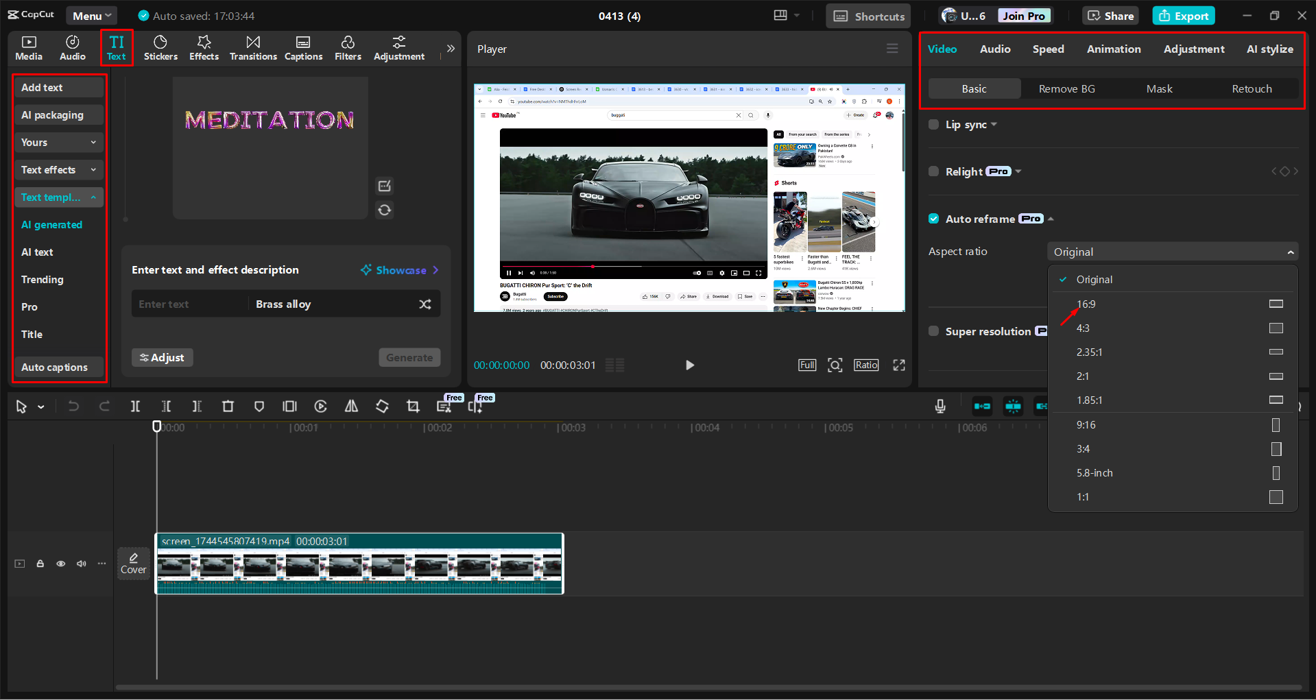 Auto reframing and editing a screen recording in the CapCut desktop video editor