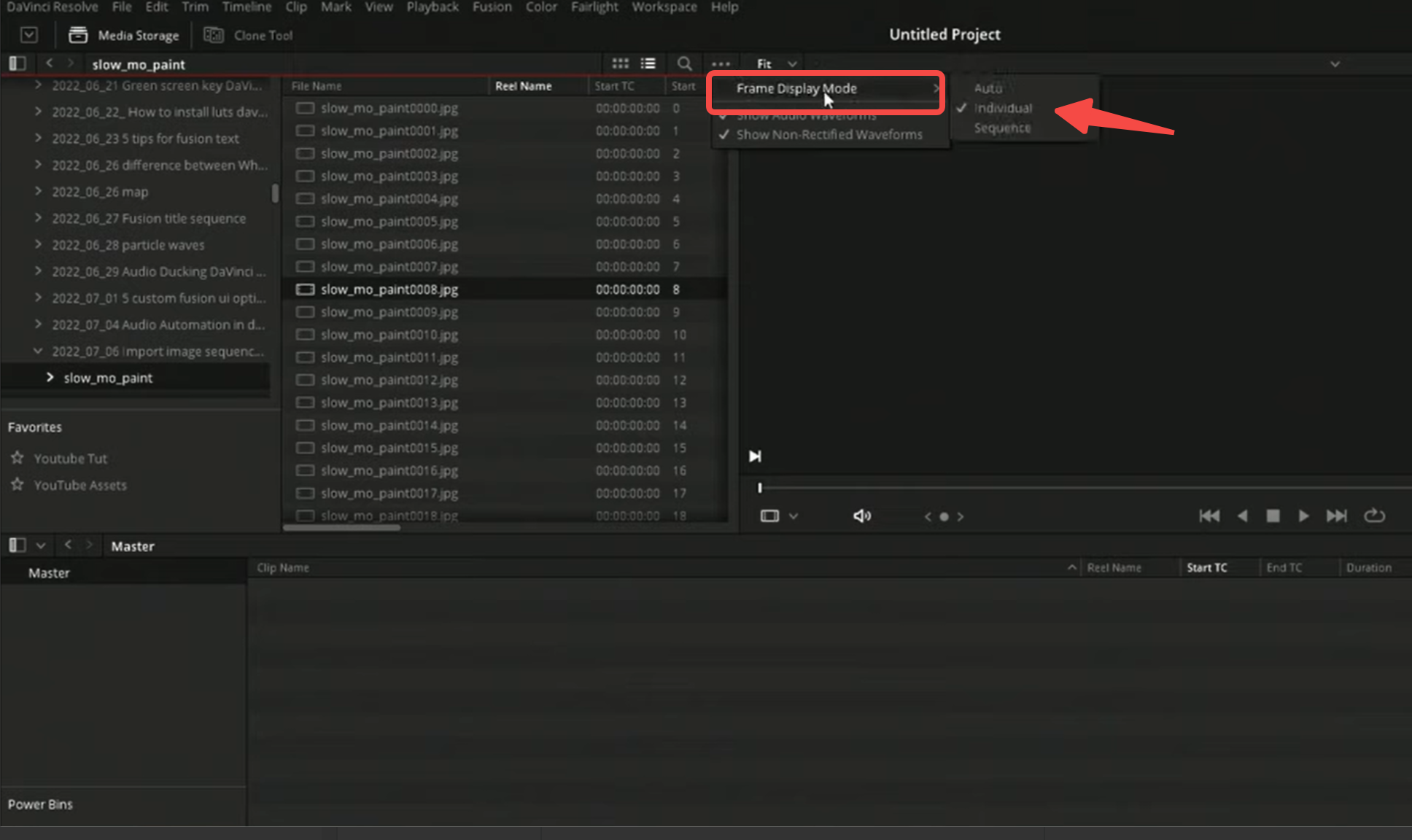 Adjusting the frame display mode in DaVinci Resolve