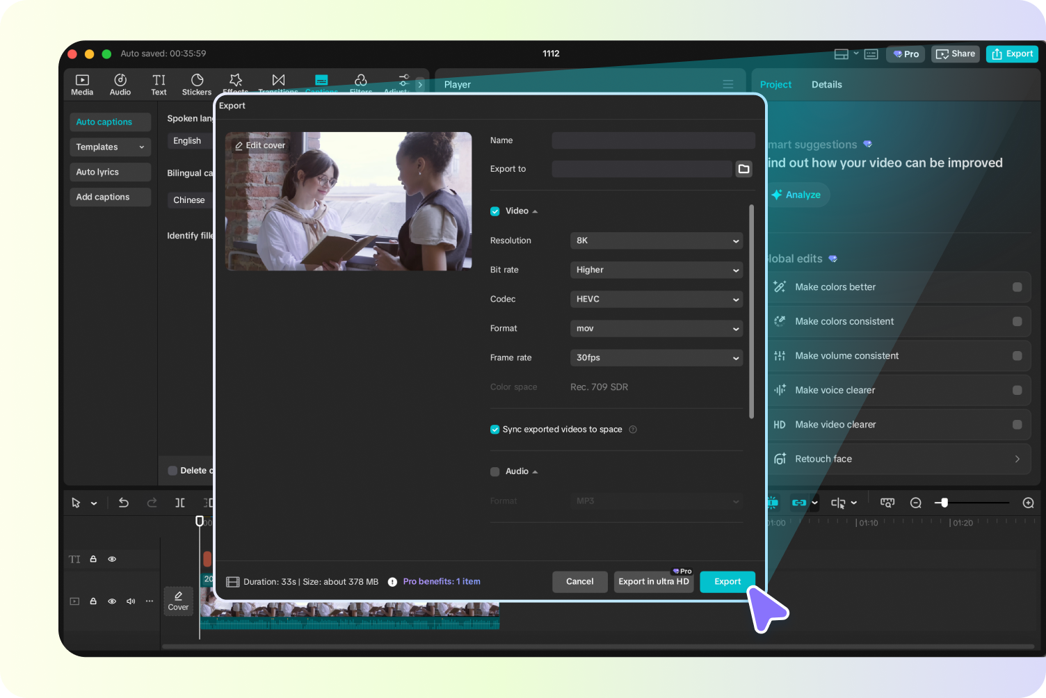 CapCut export panel open after filler words are removed from the speech video timeline.