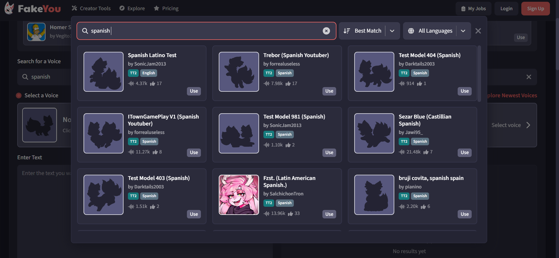 Interface do FakeYou