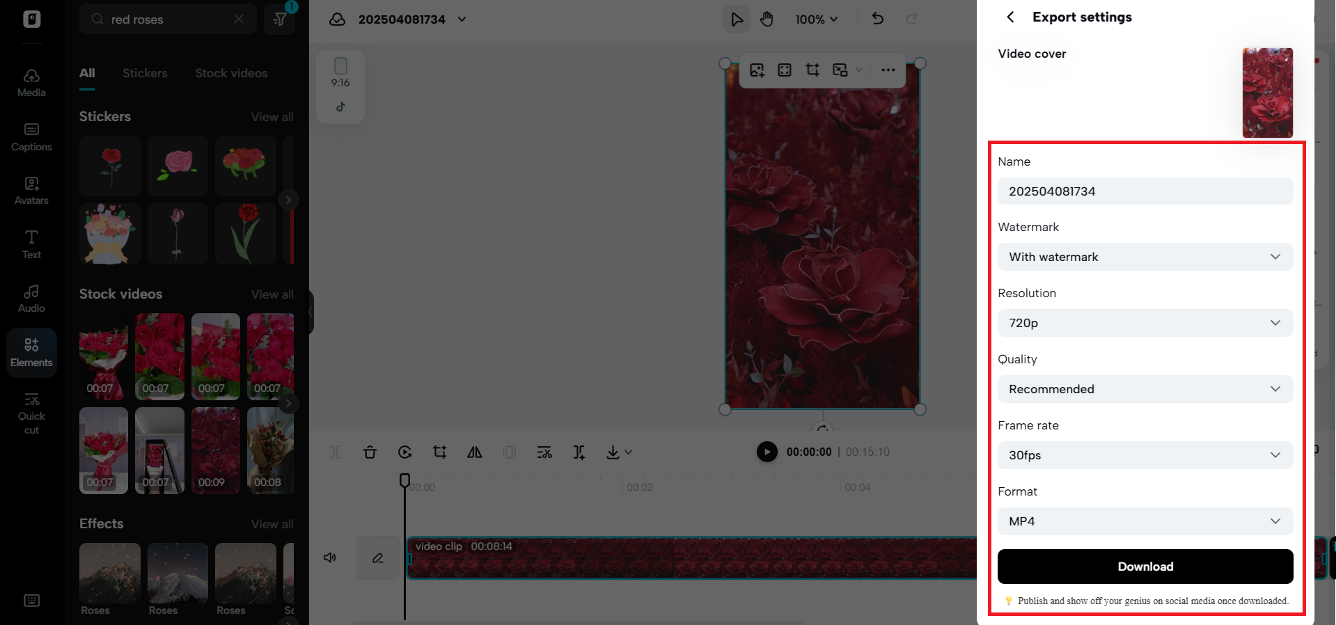 Export and download your video