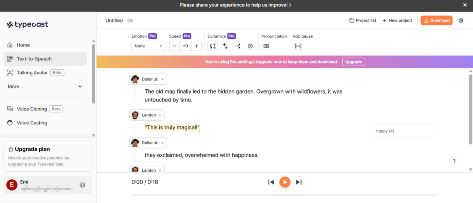 Typecast 's tekst naar spraak boze spraakgenerator interface
