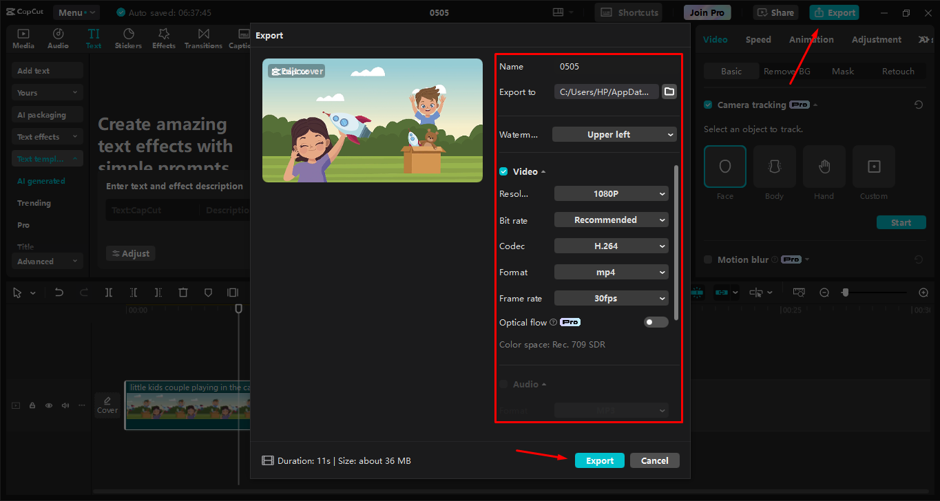 Esportazione dell'animazione dall'editor video desktop CpaCut